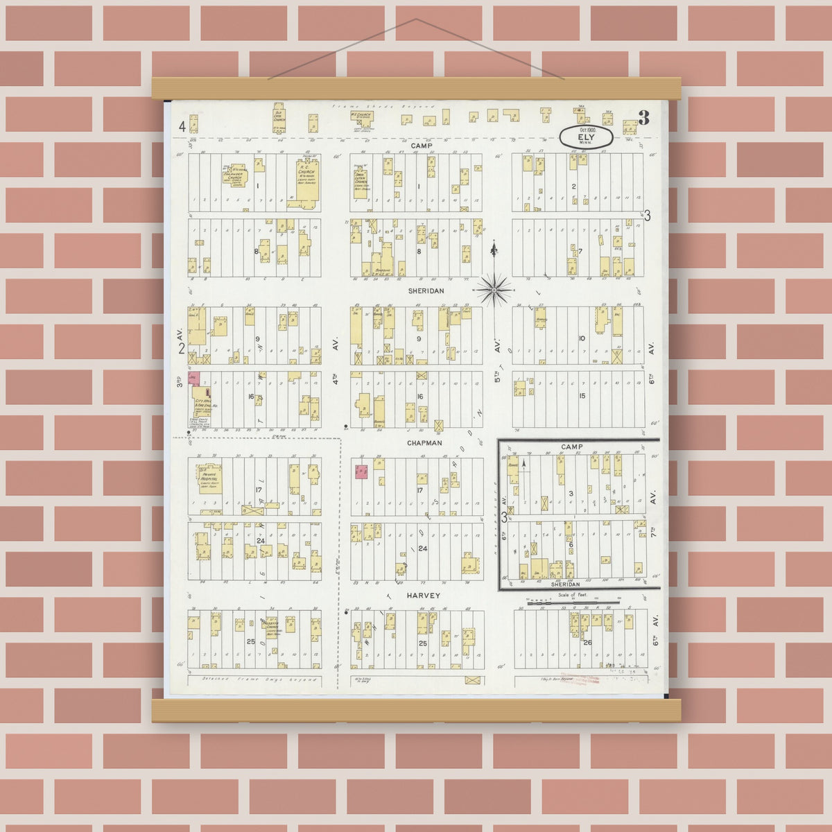 Old map wall art mockup — magnetic wood frame on brick wall — Sanborn Fire Insurance Map from Ely, Saint Louis County, Minnesota (1900), Sheet #0003