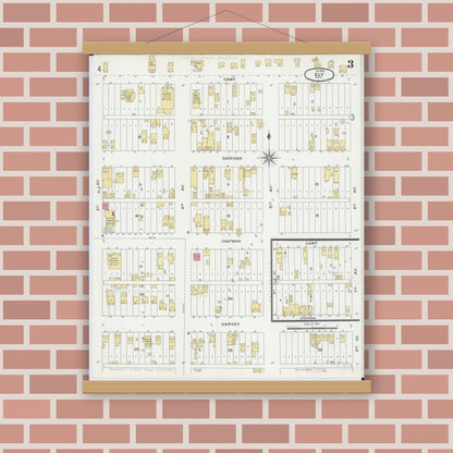 Old map wall art mockup — magnetic wood frame on brick wall — Sanborn Fire Insurance Map from Ely, Saint Louis County, Minnesota (1900), Sheet #0003