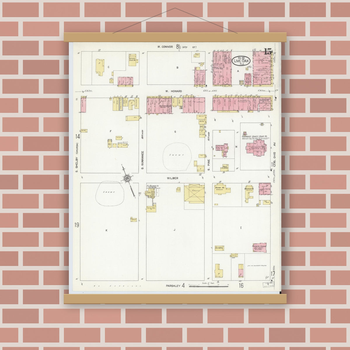 Old map wall art mockup — magnetic wood frame on brick wall — Sanborn Fire Insurance Map from Live Oak, Suwanee County, Florida (1912), Sheet #0015