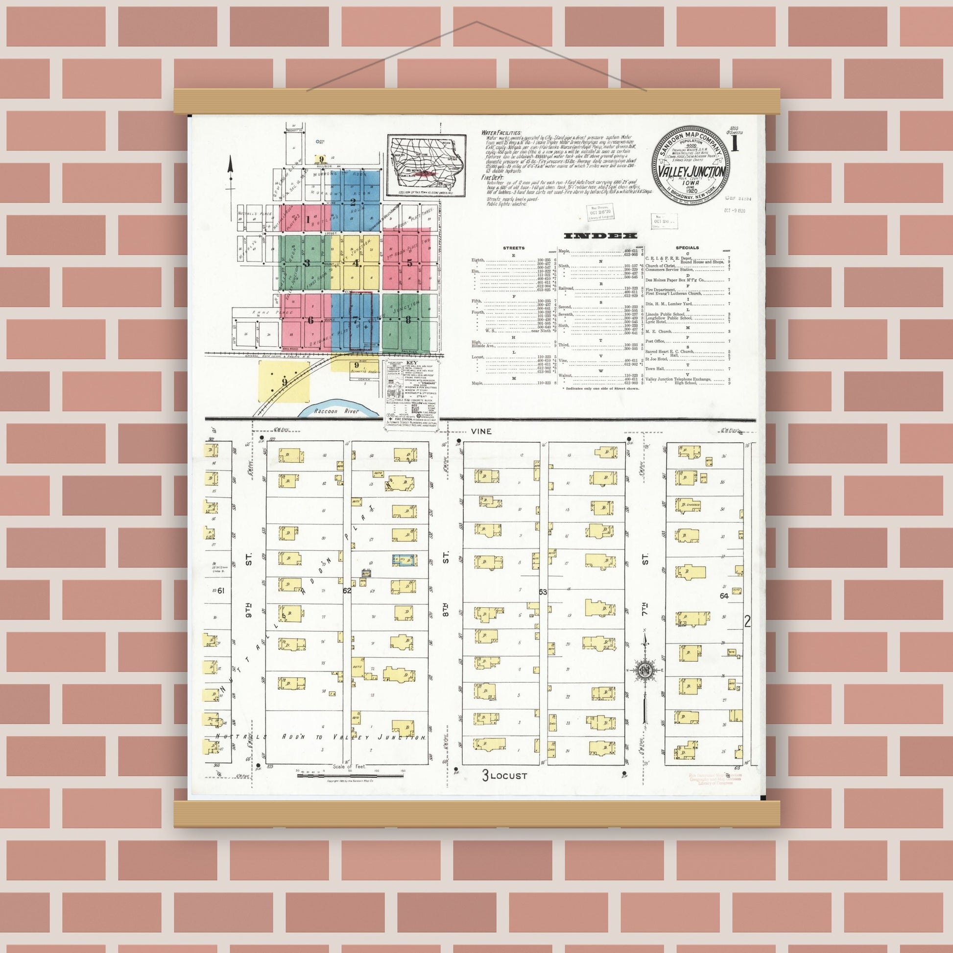 Old map wall art mockup — magnetic wood frame on brick wall — Sanborn Fire Insurance Map from Valley Junction, Polk County, Iowa (1920) â€” Complete Set