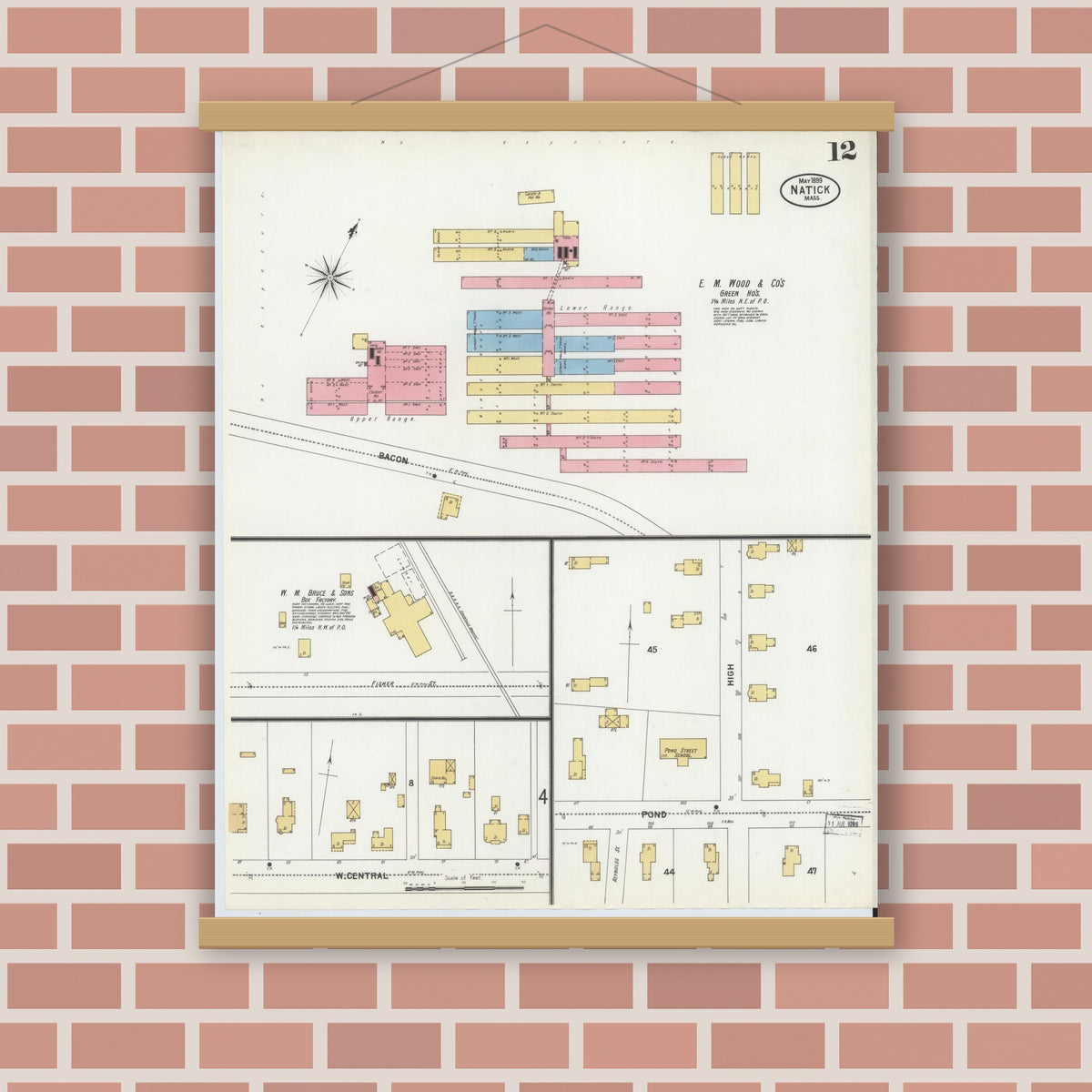 Old map wall art mockup — magnetic wood frame on brick wall — Sanborn Fire Insurance Map from Natick, Middlesex County, Massachusetts (1899), Sheet #0012