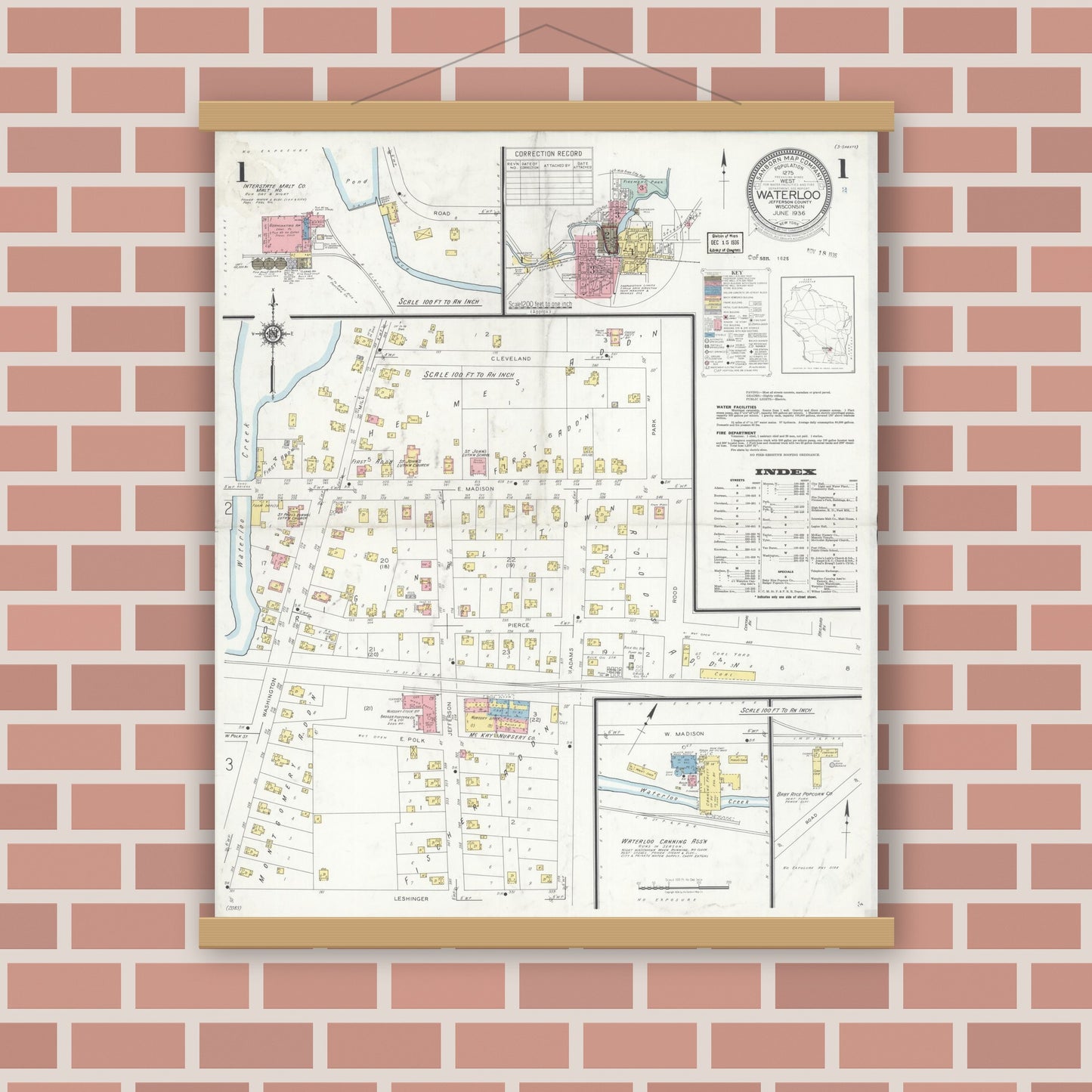 Old map wall art mockup — magnetic wood frame on brick wall — Sanborn Fire Insurance Map from Waterloo, Jefferson County, Wisconsin (1936), Sheet #0001
