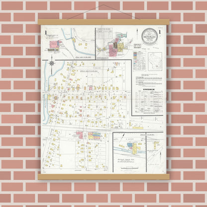 Old map wall art mockup — magnetic wood frame on brick wall — Sanborn Fire Insurance Map from Waterloo, Jefferson County, Wisconsin (1936), Sheet #0001