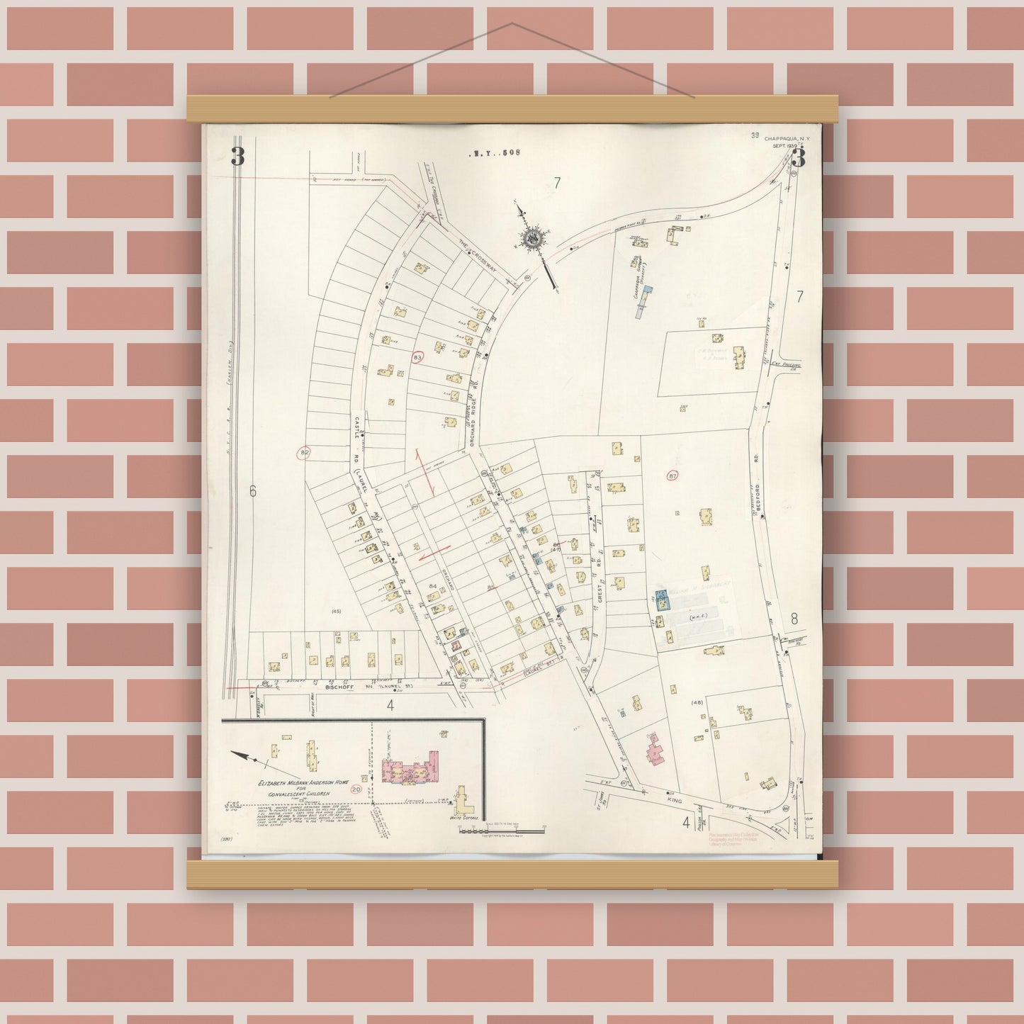 Old map wall art mockup — magnetic wood frame on brick wall — Sanborn Fire Insurance Map from Chappaqua, Westchester County, New York (1947), Sheet #0003