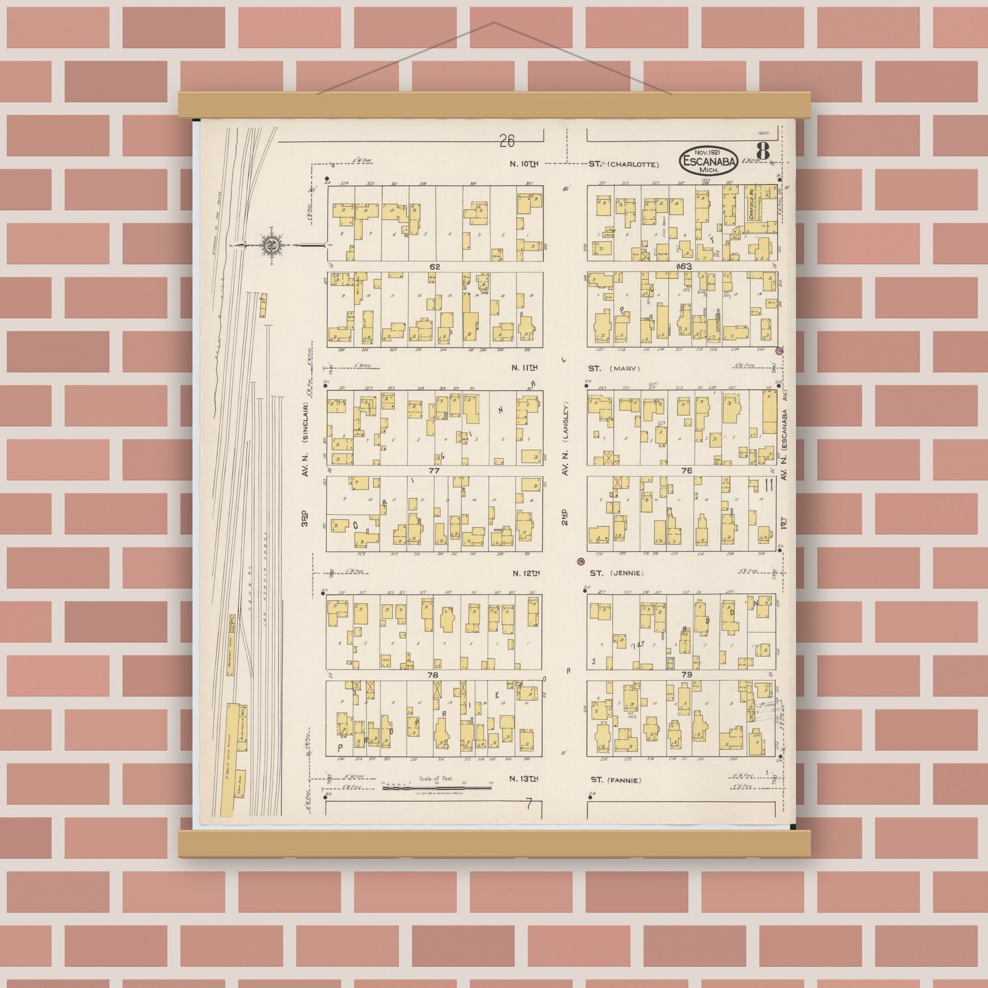 Old map wall art mockup — magnetic wood frame on brick wall — Sanborn Fire Insurance Map from Escanaba, Delta County, Michigan (1921), Sheet #0008