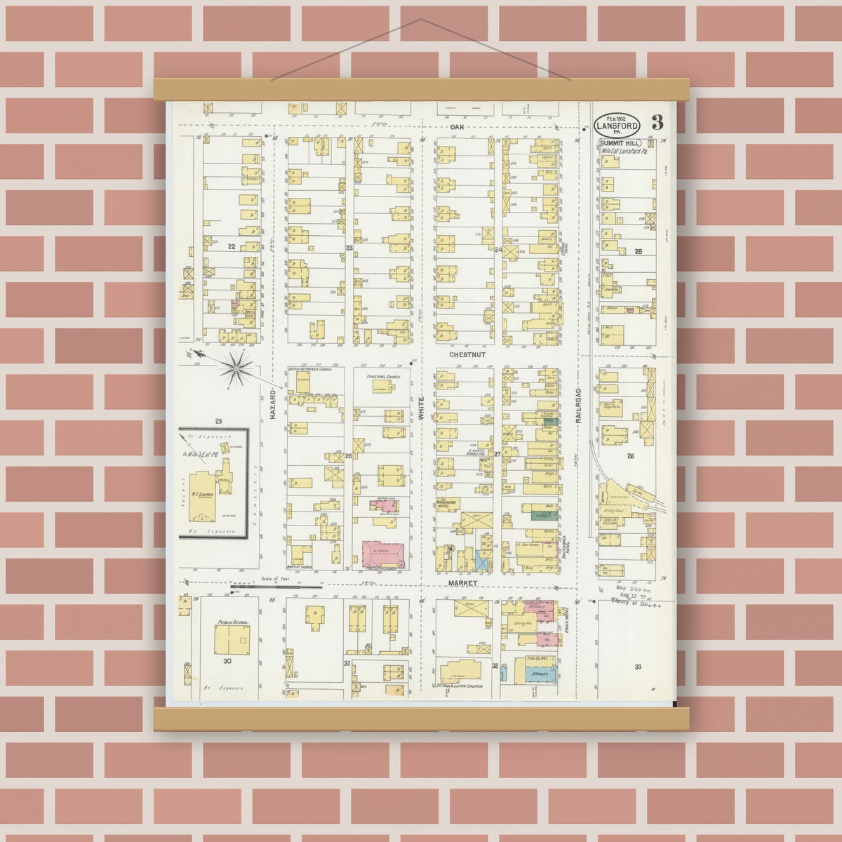 Old map wall art mockup — magnetic wood frame on brick wall — Sanborn Fire Insurance Map from Lansford, Carbon County, Pennsylvania (1902), Sheet #0003