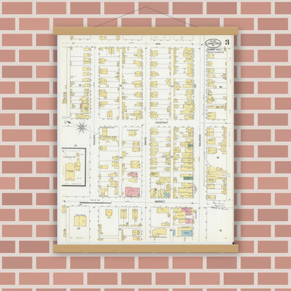 Old map wall art mockup — magnetic wood frame on brick wall — Sanborn Fire Insurance Map from Lansford, Carbon County, Pennsylvania (1902), Sheet #0003
