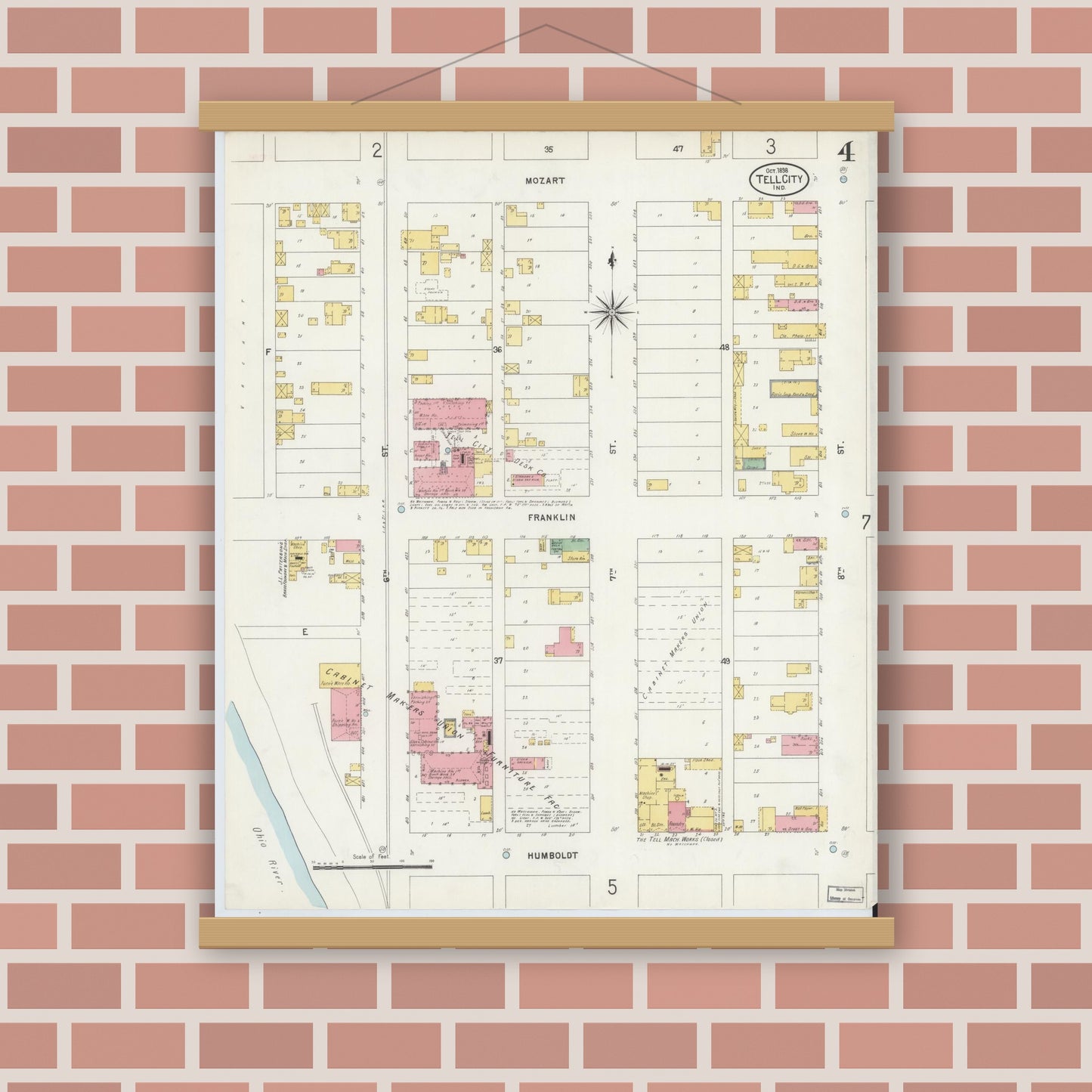 Old map wall art mockup — magnetic wood frame on brick wall — Sanborn Fire Insurance Map from Tell City, Perry County, Indiana (1898), Sheet #0004