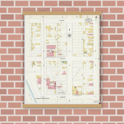 Old map wall art mockup — magnetic wood frame on brick wall — Sanborn Fire Insurance Map from Tell City, Perry County, Indiana (1898), Sheet #0004