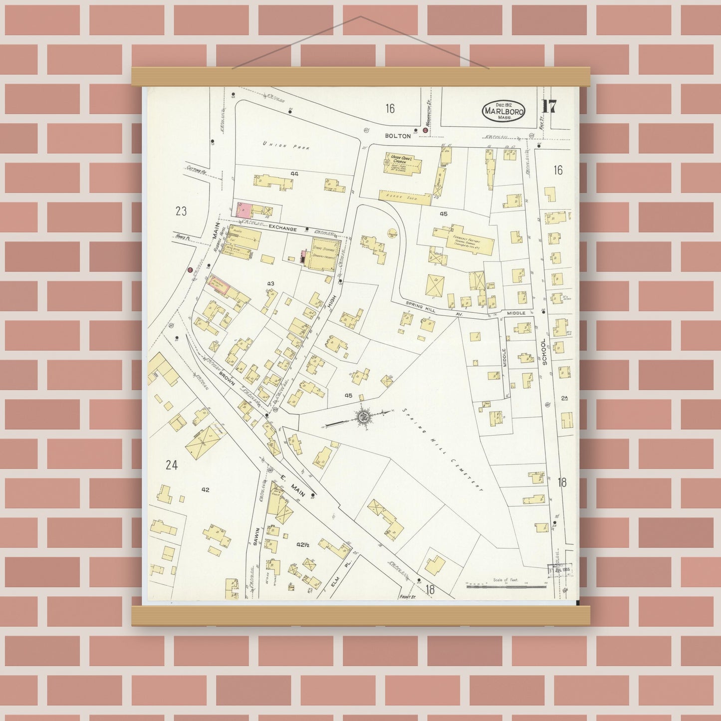 Old map wall art mockup — magnetic wood frame on brick wall — Sanborn Fire Insurance Map from Marlborough, Middlesex County, Massachusetts (1912), Sheet #0017
