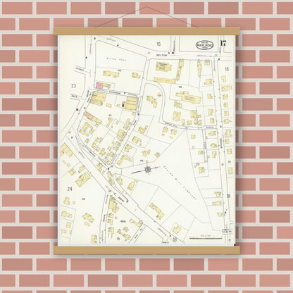 Old map wall art mockup — magnetic wood frame on brick wall — Sanborn Fire Insurance Map from Marlborough, Middlesex County, Massachusetts (1912), Sheet #0017