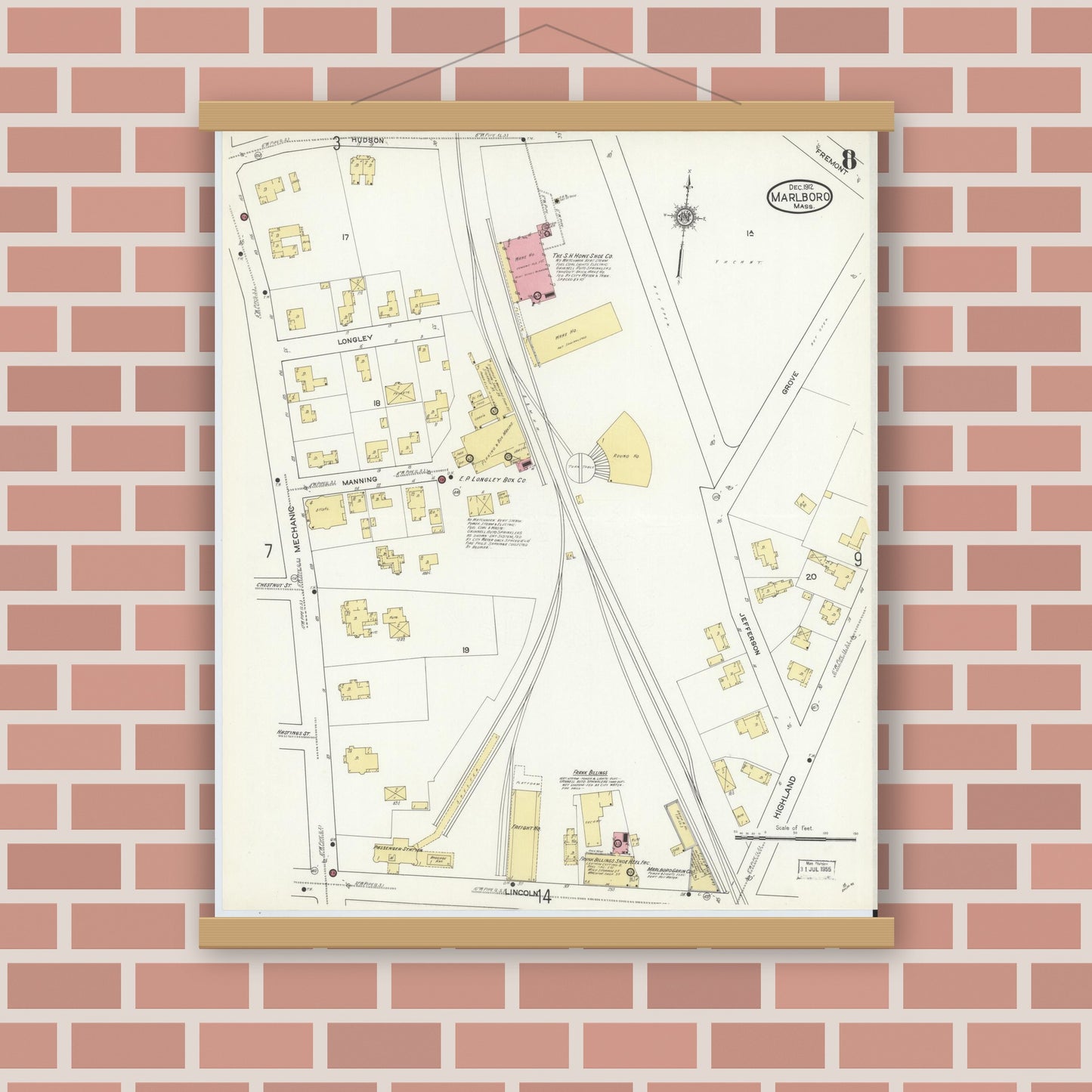 Old map wall art mockup — magnetic wood frame on brick wall — Sanborn Fire Insurance Map from Marlborough, Middlesex County, Massachusetts (1912), Sheet #0008