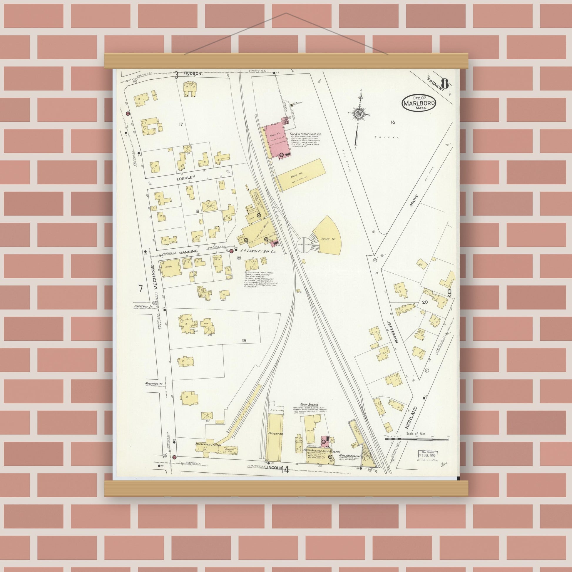 Old map wall art mockup — magnetic wood frame on brick wall — Sanborn Fire Insurance Map from Marlborough, Middlesex County, Massachusetts (1912), Sheet #0008