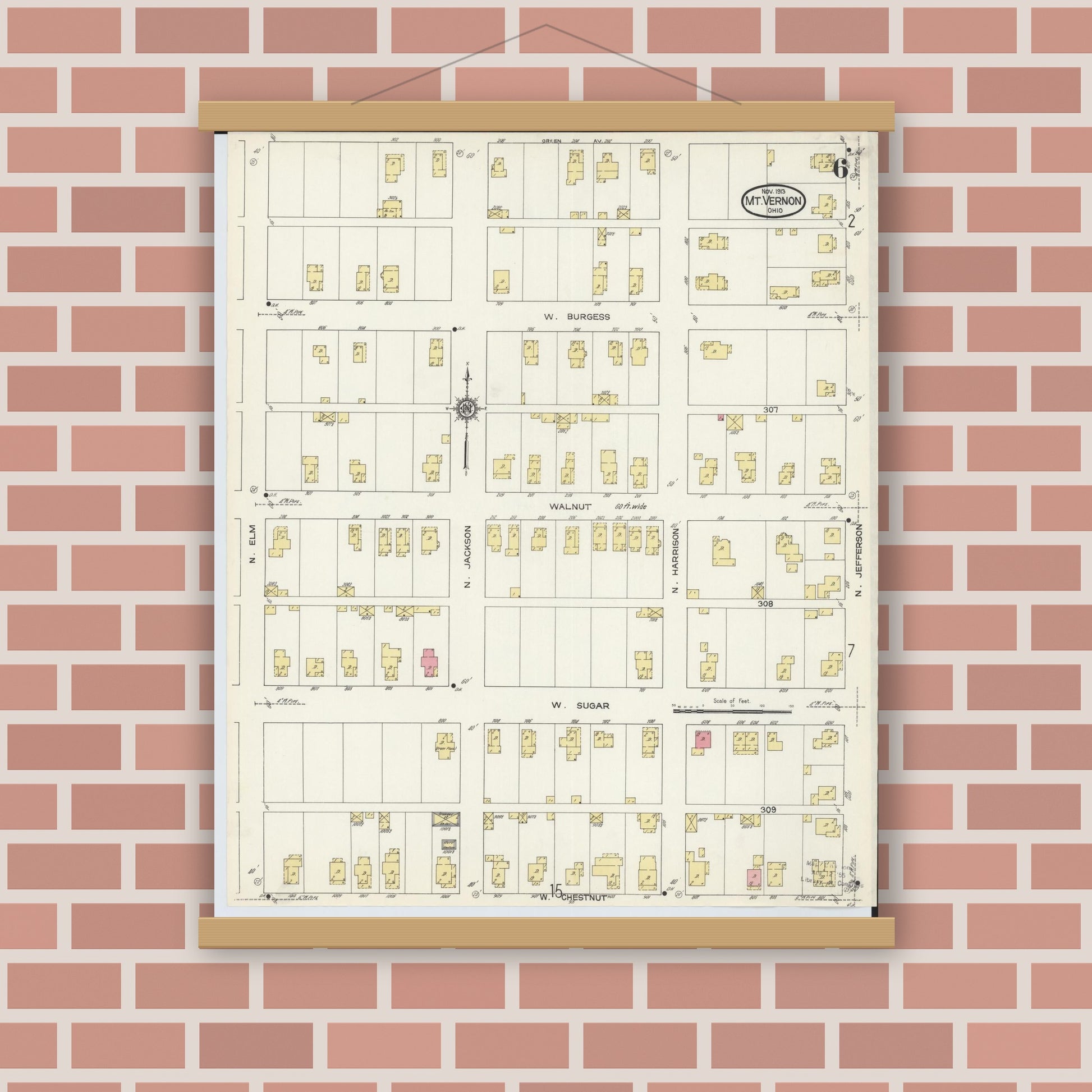 Old map wall art mockup — magnetic wood frame on brick wall — Sanborn Fire Insurance Map from Mount Vernon, Knox County, Ohio (1913), Sheet #0006
