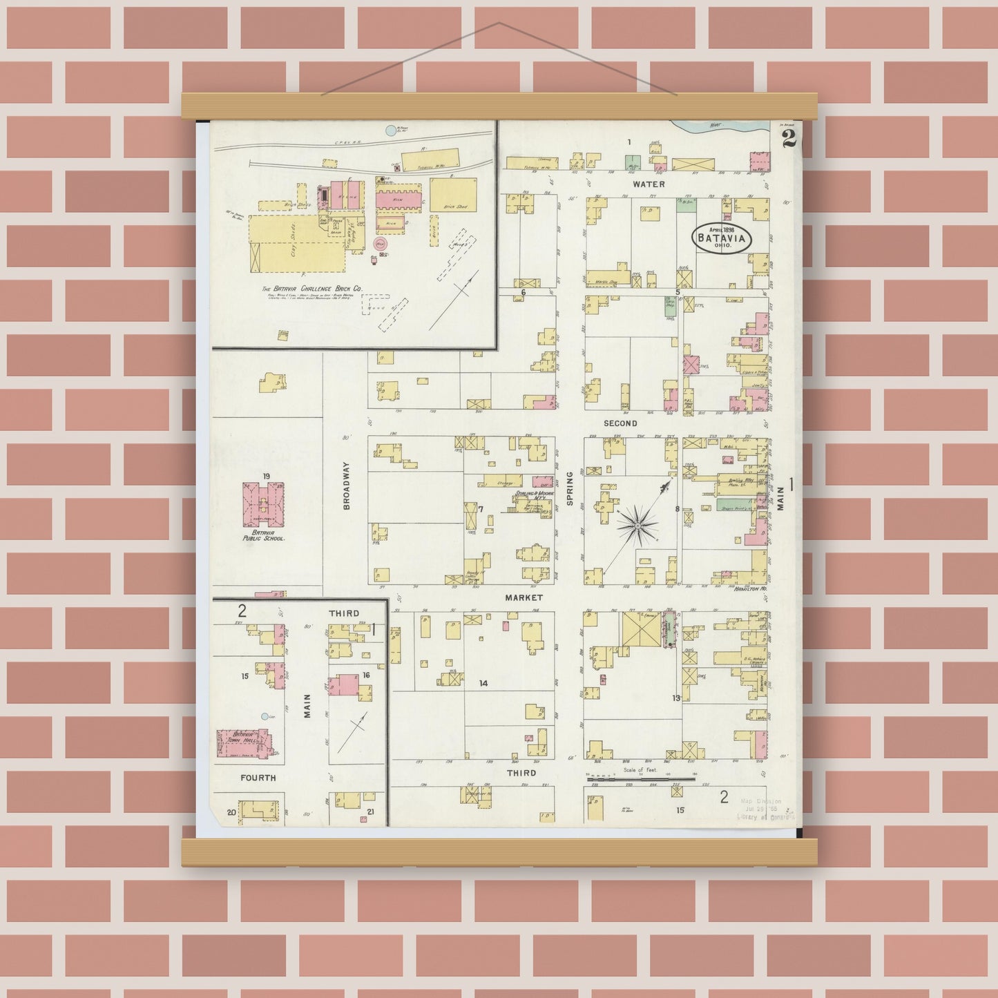 Old map wall art mockup — magnetic wood frame on brick wall — Sanborn Fire Insurance Map from Batavia, Clermont County, Ohio (1898), Sheet #0002