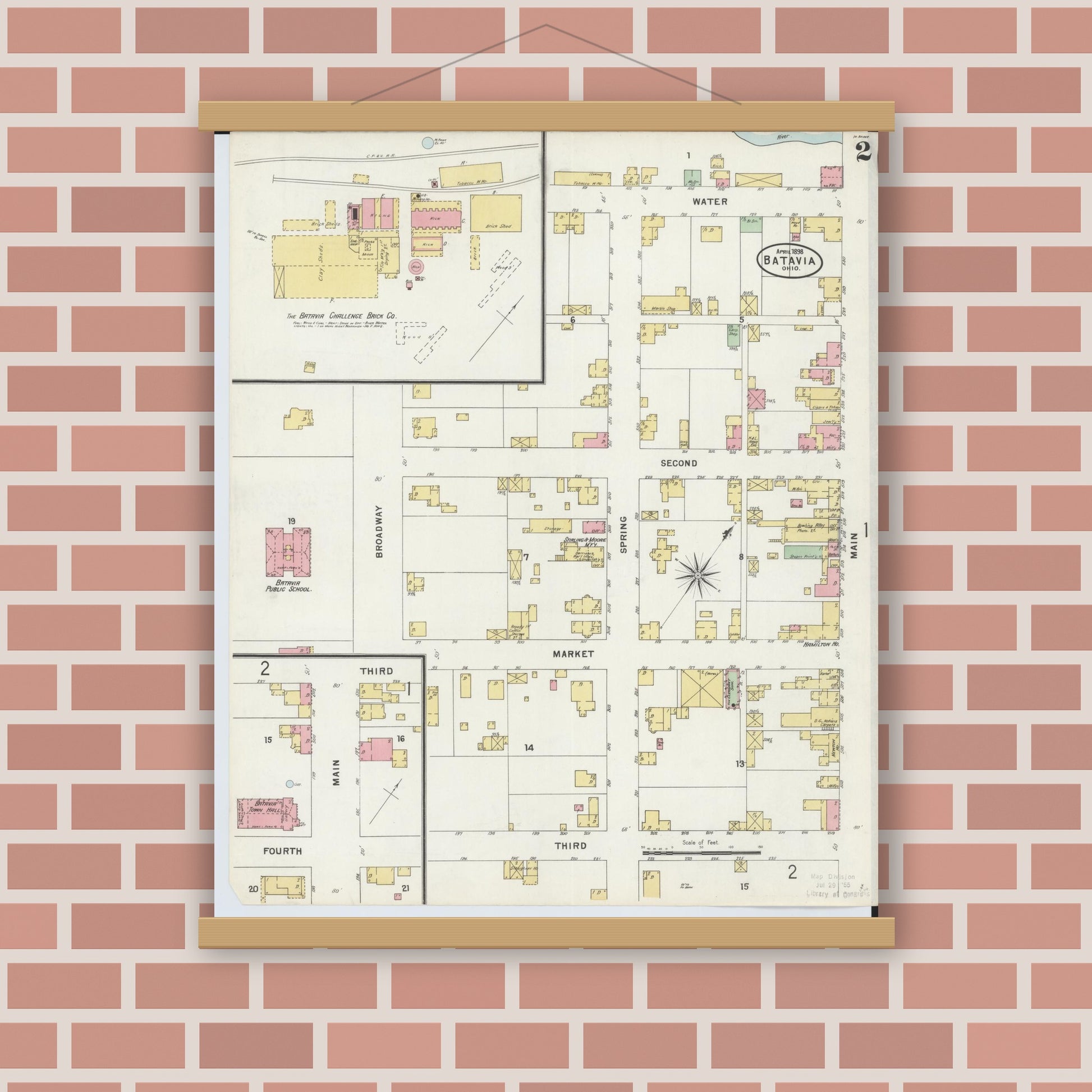 Old map wall art mockup — magnetic wood frame on brick wall — Sanborn Fire Insurance Map from Batavia, Clermont County, Ohio (1898), Sheet #0002