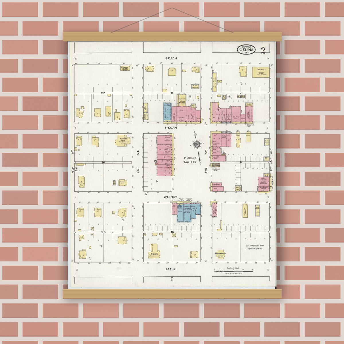 Old map wall art mockup — magnetic wood frame on brick wall — Sanborn Fire Insurance Map from Celina, Collin County, Texas (1920), Sheet #0002
