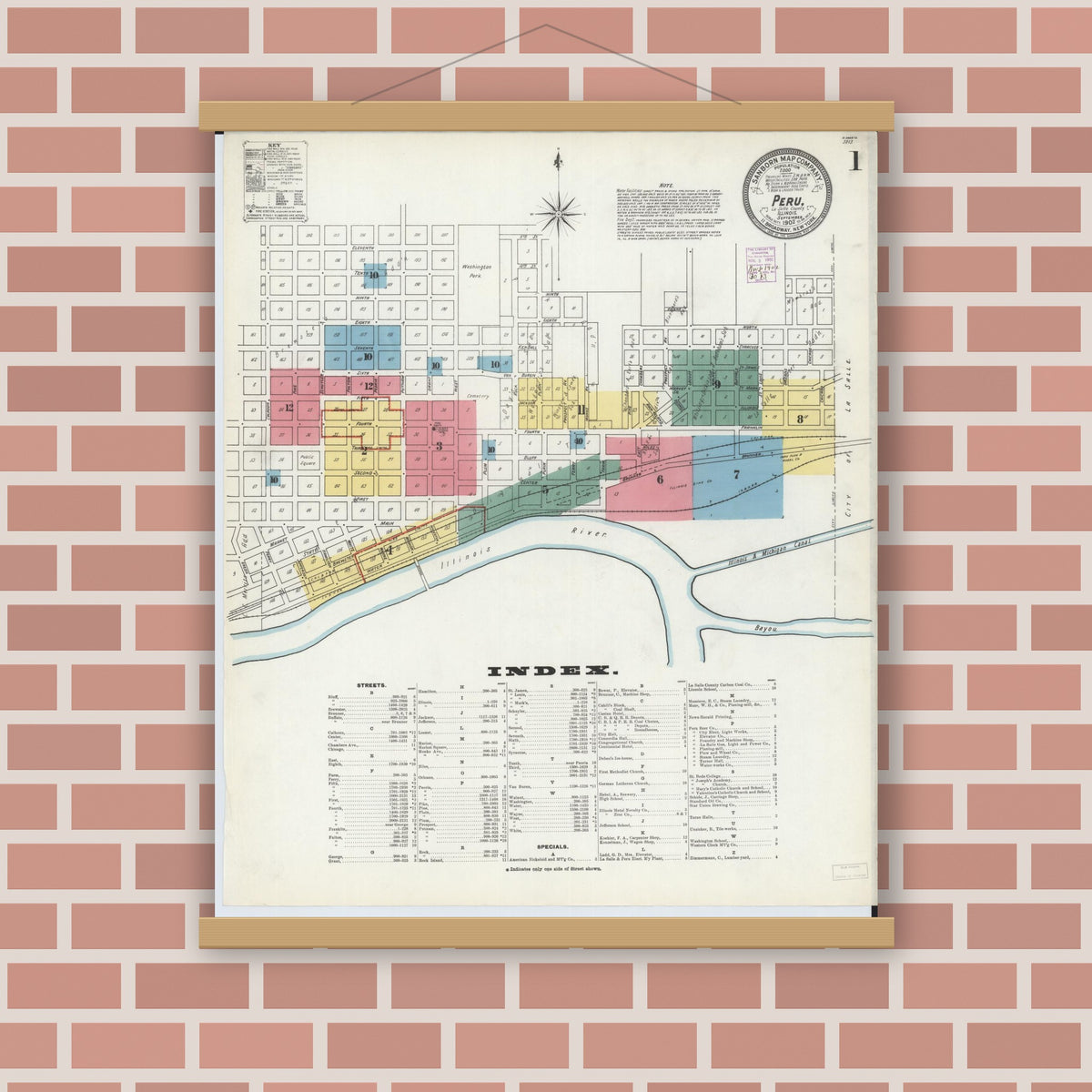 Old map wall art mockup — magnetic wood frame on brick wall — Sanborn Fire Insurance Map from Peru, La Salle County, Illinois (1902) - Complete Map Set