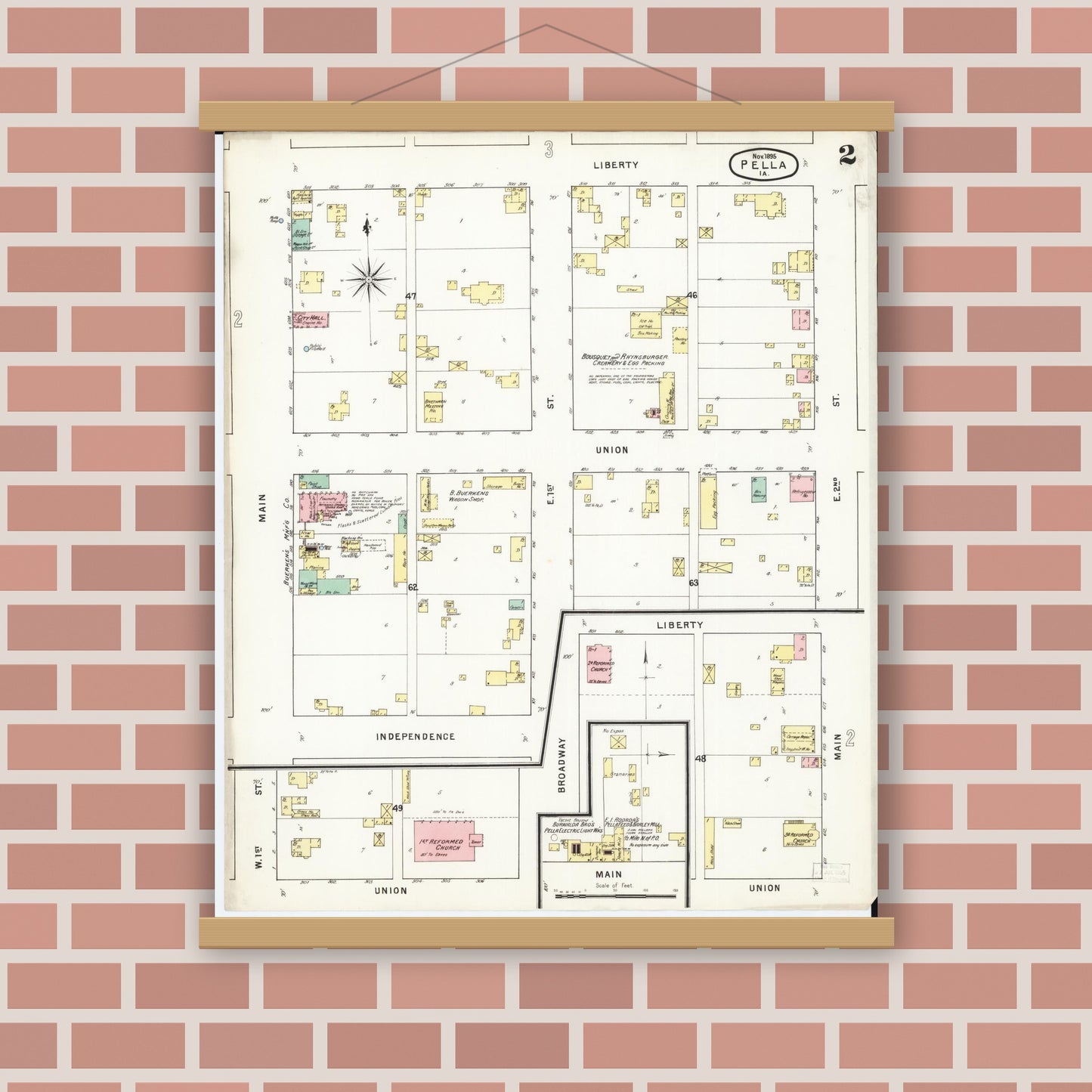 Old map wall art mockup — magnetic wood frame on brick wall — Sanborn Fire Insurance Map from Pella, Marion County, Iowa (1895), Sheet #0002