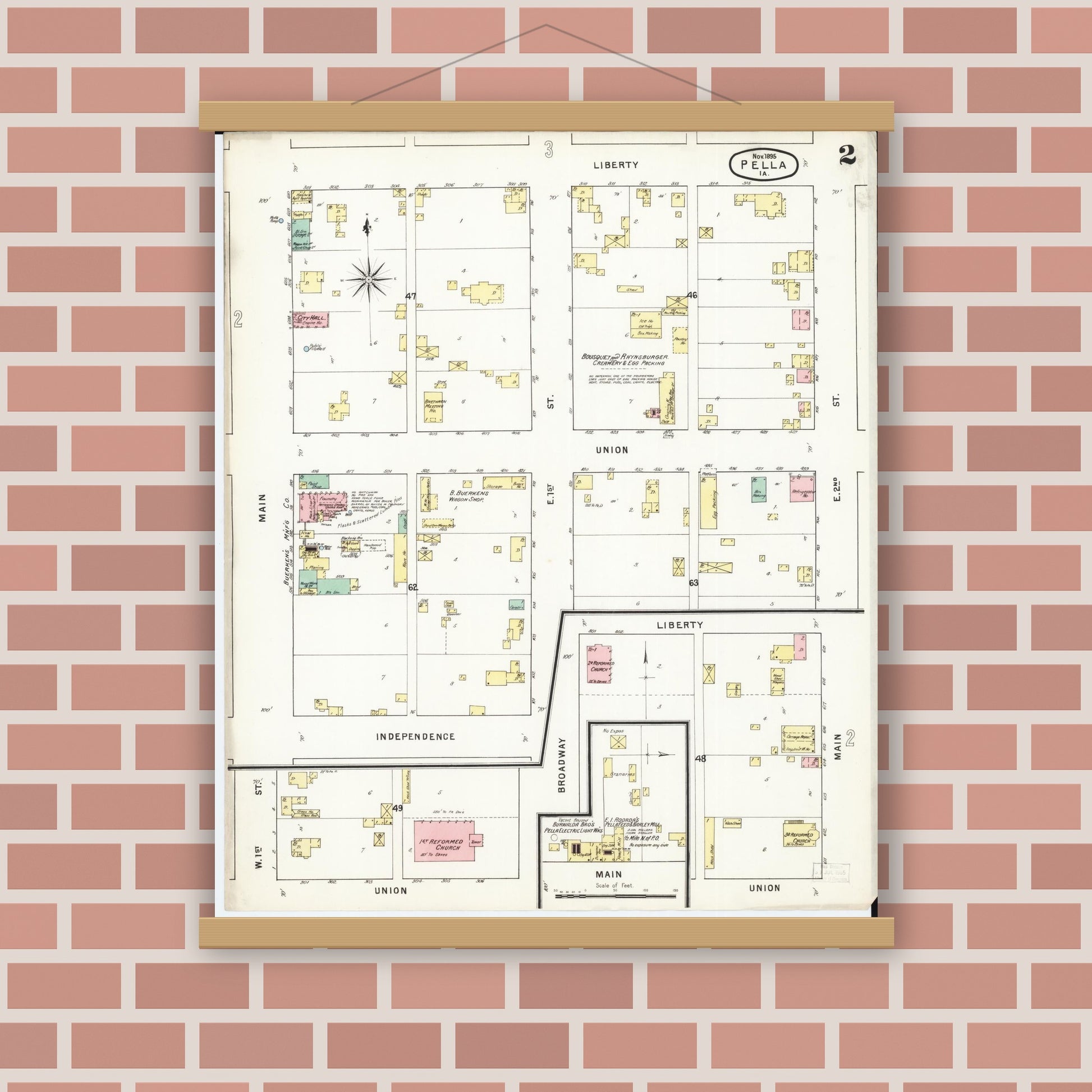 Old map wall art mockup — magnetic wood frame on brick wall — Sanborn Fire Insurance Map from Pella, Marion County, Iowa (1895), Sheet #0002