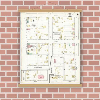 Old map wall art mockup — magnetic wood frame on brick wall — Sanborn Fire Insurance Map from Pella, Marion County, Iowa (1895), Sheet #0002