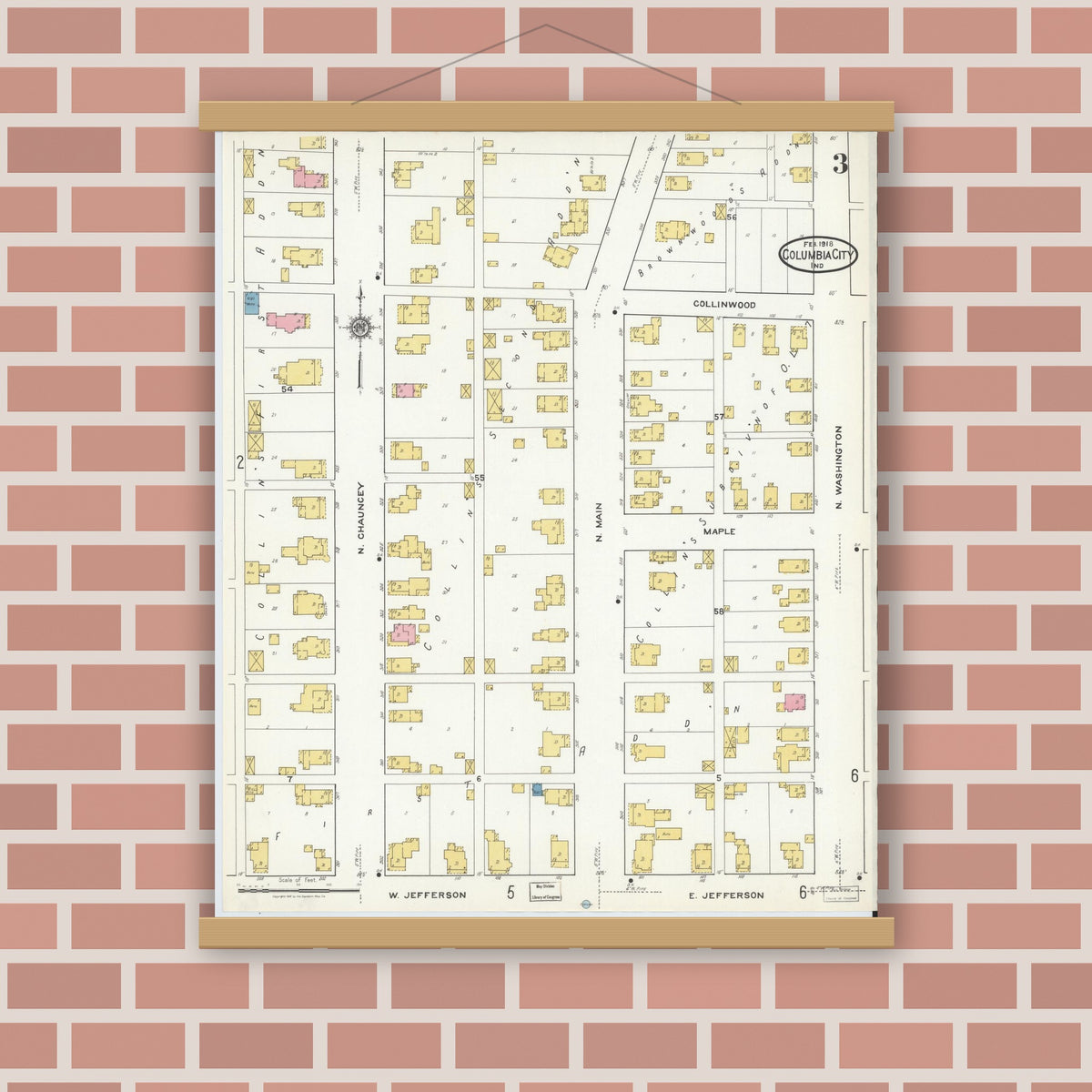 Old map wall art mockup — magnetic wood frame on brick wall — Sanborn Fire Insurance Map from Columbia City, Whitley County, Indiana (1918), Sheet #0003