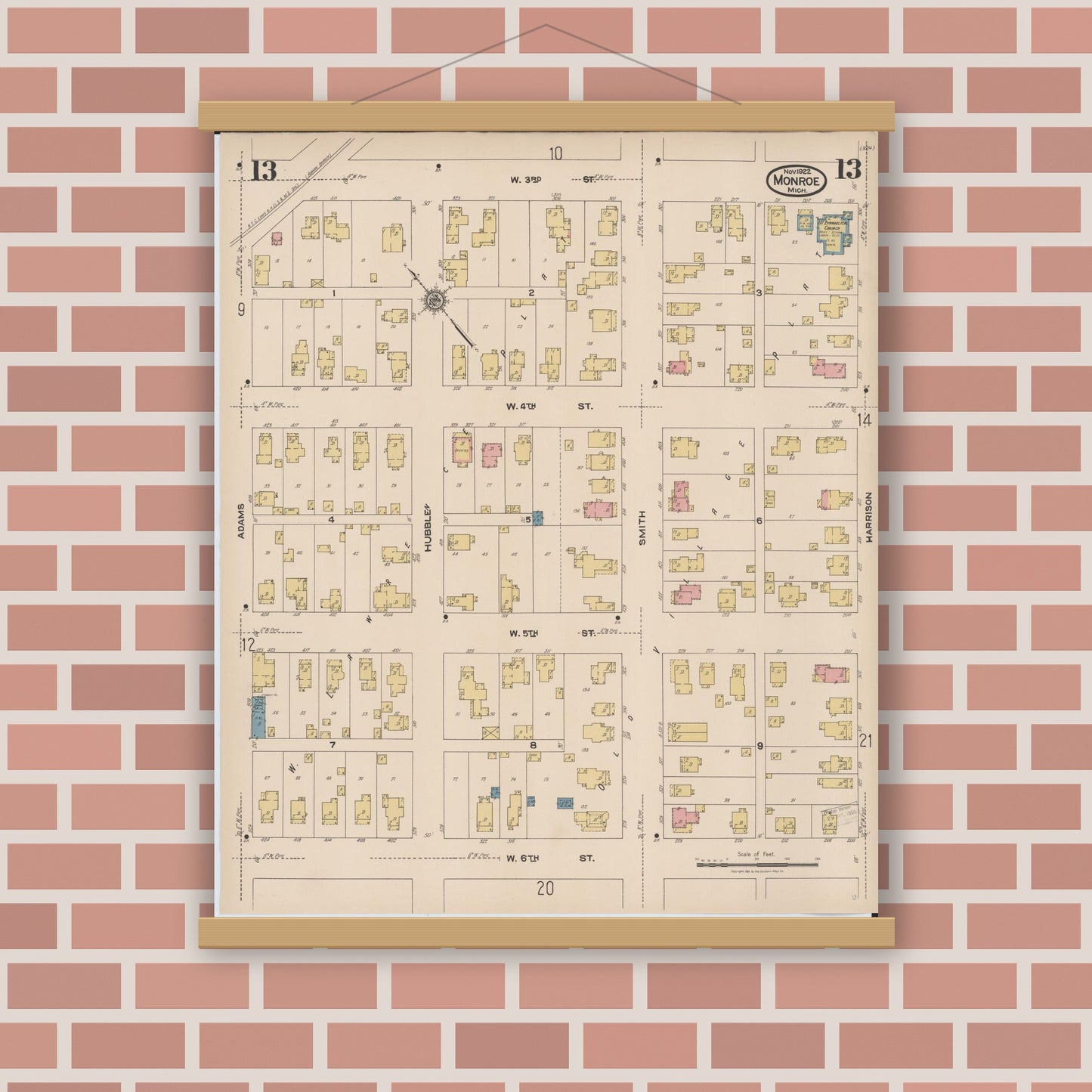 Old map wall art mockup — magnetic wood frame on brick wall — Sanborn Fire Insurance Map from Monroe, Monroe County, Michigan (1922), Sheet #0013
