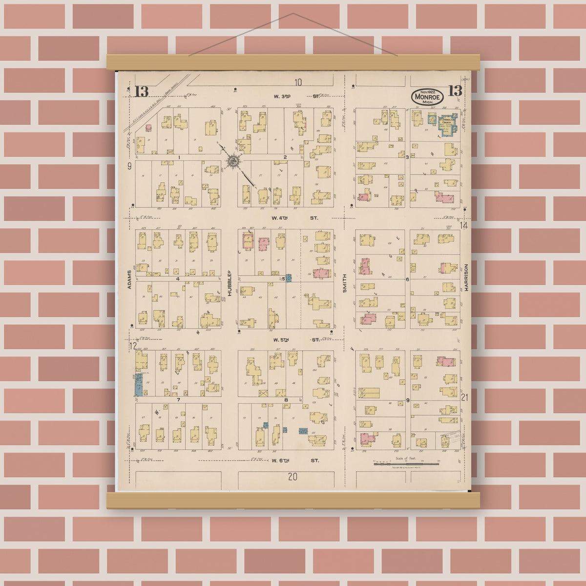 Old map wall art mockup — magnetic wood frame on brick wall — Sanborn Fire Insurance Map from Monroe, Monroe County, Michigan (1922), Sheet #0013