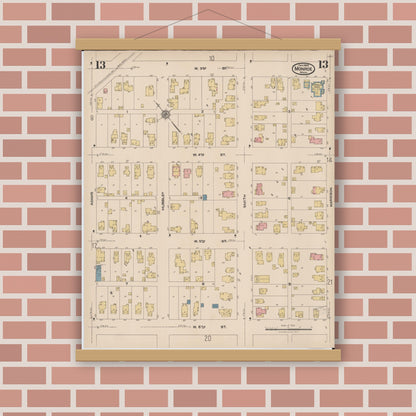 Old map wall art mockup — magnetic wood frame on brick wall — Sanborn Fire Insurance Map from Monroe, Monroe County, Michigan (1922), Sheet #0013