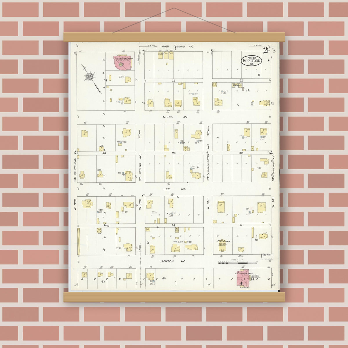 Old map wall art mockup — magnetic wood frame on brick wall — Sanborn Fire Insurance Map from Hereford, Deaf Smith County, Texas (1913), Sheet #0002