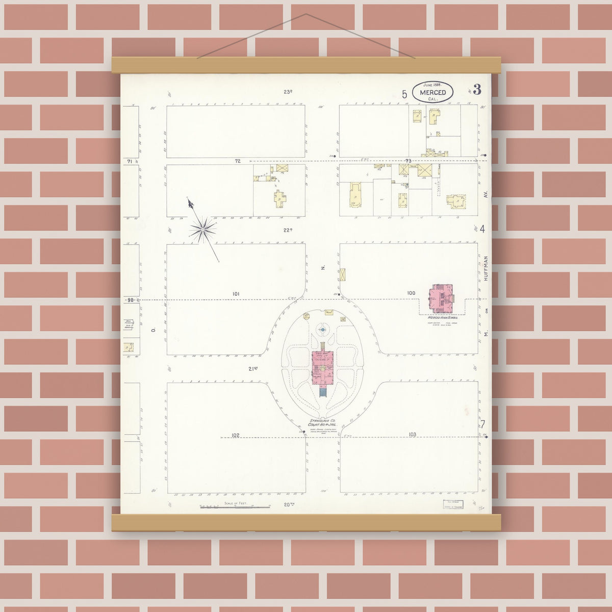Old map wall art mockup — magnetic wood frame on brick wall — Sanborn Fire Insurance Map from Merced, Merced County, California (1898), Sheet #0003