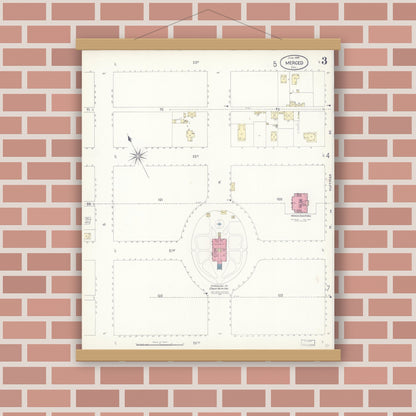 Old map wall art mockup — magnetic wood frame on brick wall — Sanborn Fire Insurance Map from Merced, Merced County, California (1898), Sheet #0003