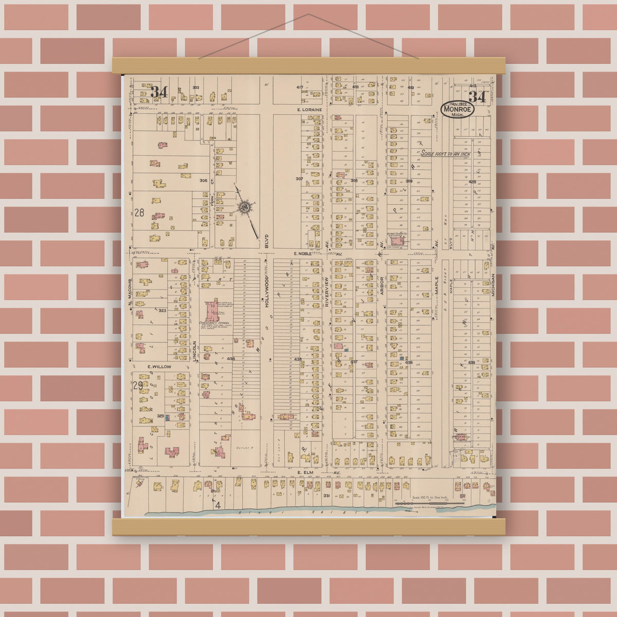 Old map wall art mockup — magnetic wood frame on brick wall — Sanborn Fire Insurance Map from Monroe, Monroe County, Michigan (1922), Sheet #0034