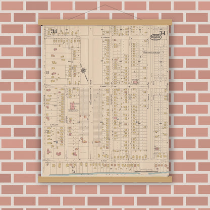 Old map wall art mockup — magnetic wood frame on brick wall — Sanborn Fire Insurance Map from Monroe, Monroe County, Michigan (1922), Sheet #0034