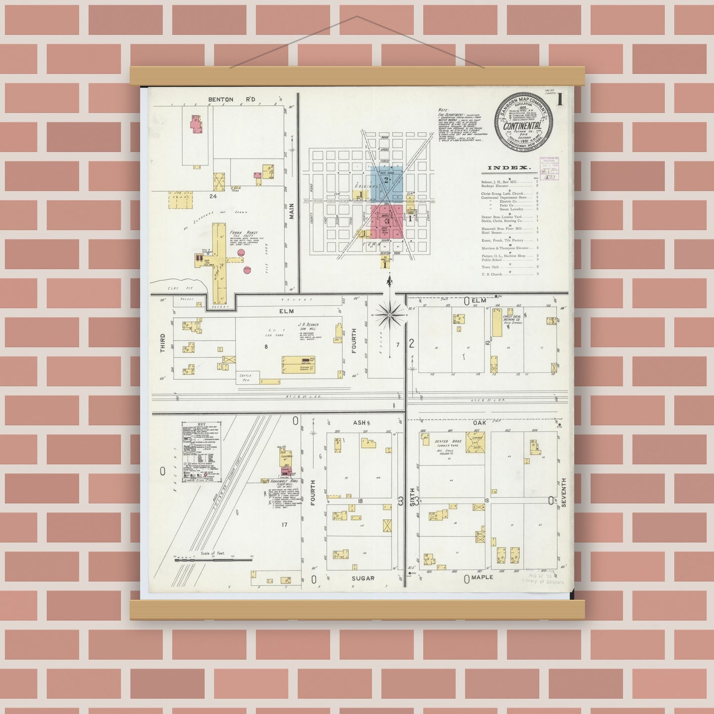 Old map wall art mockup — magnetic wood frame on brick wall — Sanborn Fire Insurance Map from Continental, Putnam County, Ohio (1901), Sheet #0001