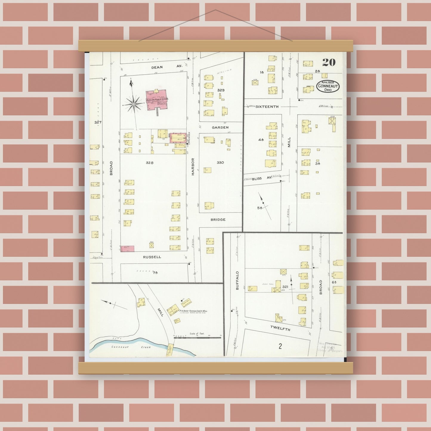 Old map wall art mockup — magnetic wood frame on brick wall — Sanborn Fire Insurance Map from Conneaut, Ashtabula County, Ohio (1909), Sheet #0020
