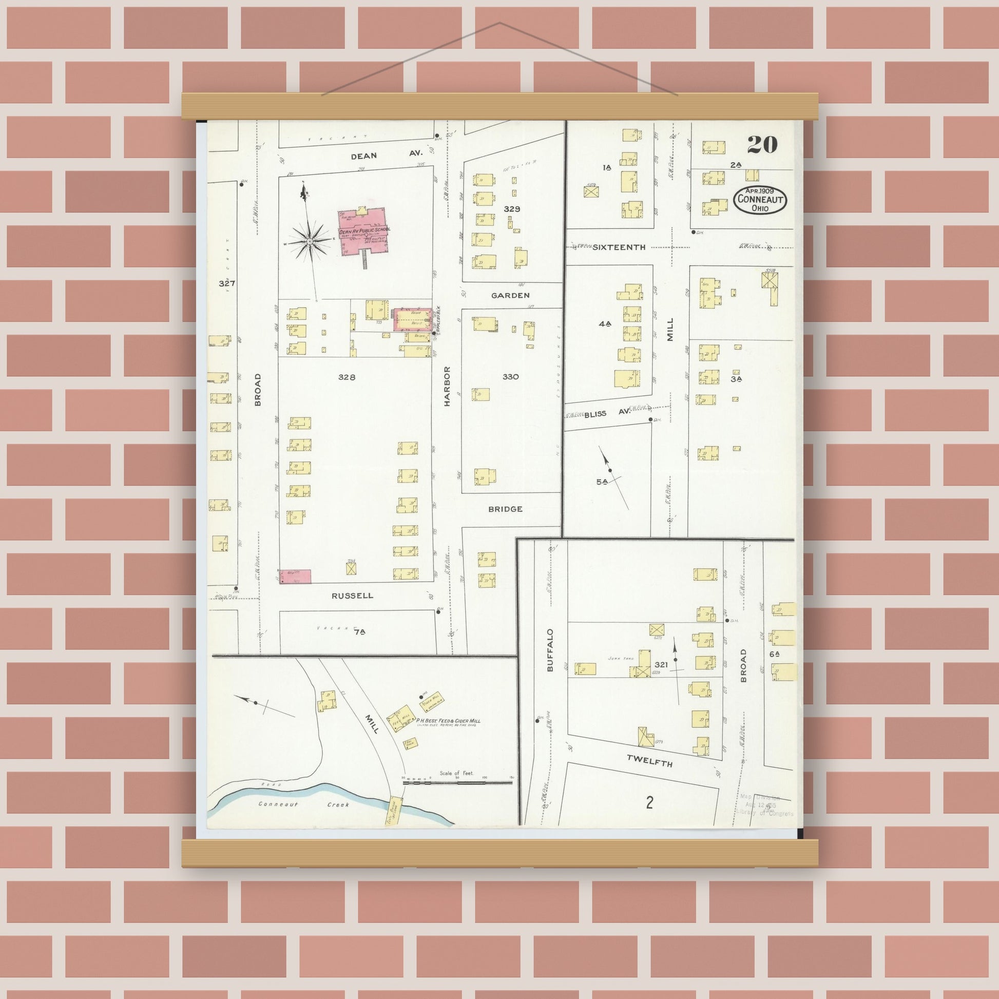 Old map wall art mockup — magnetic wood frame on brick wall — Sanborn Fire Insurance Map from Conneaut, Ashtabula County, Ohio (1909), Sheet #0020