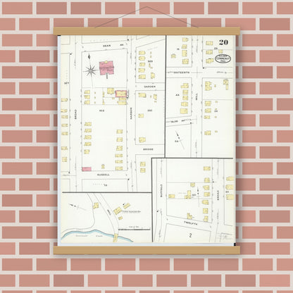 Old map wall art mockup — magnetic wood frame on brick wall — Sanborn Fire Insurance Map from Conneaut, Ashtabula County, Ohio (1909), Sheet #0020