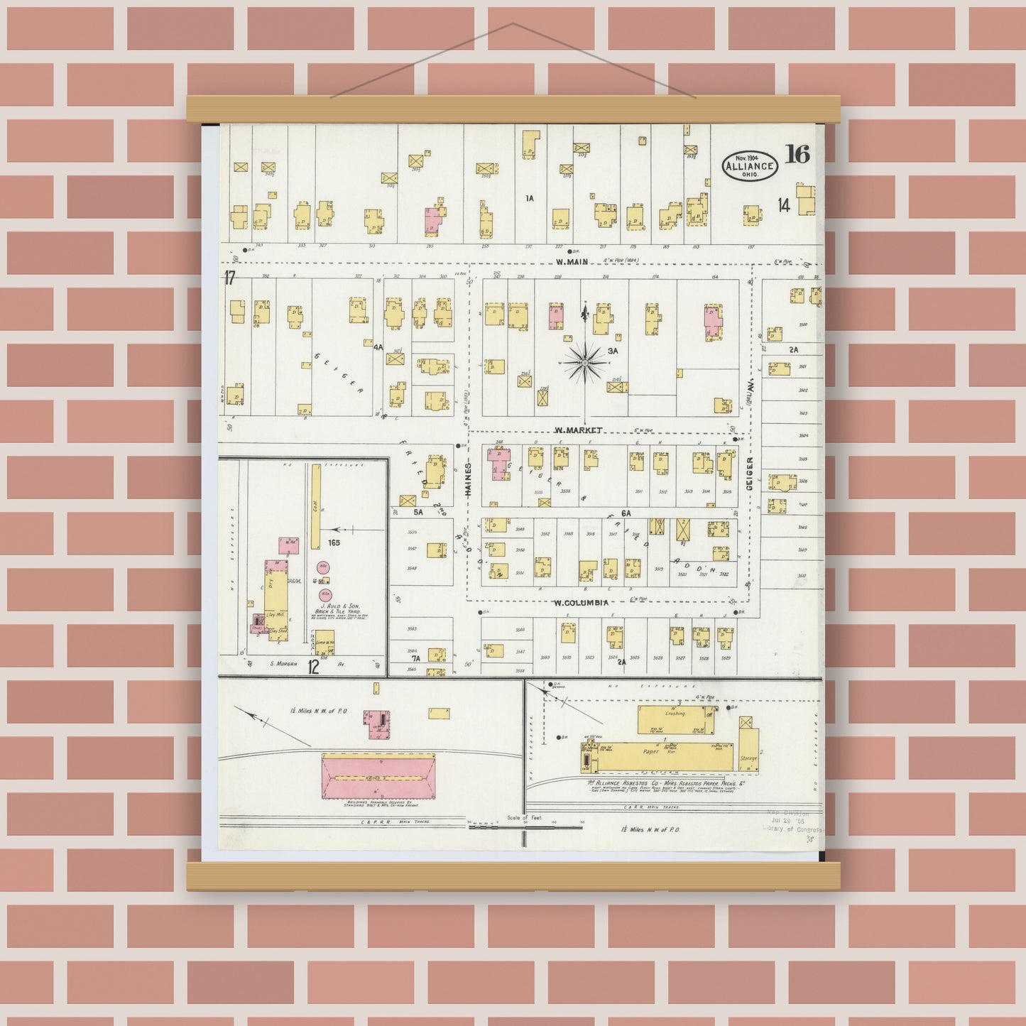 Old map wall art mockup — magnetic wood frame on brick wall — Sanborn Fire Insurance Map from Alliance, Stark County, Ohio (1904), Sheet #0016