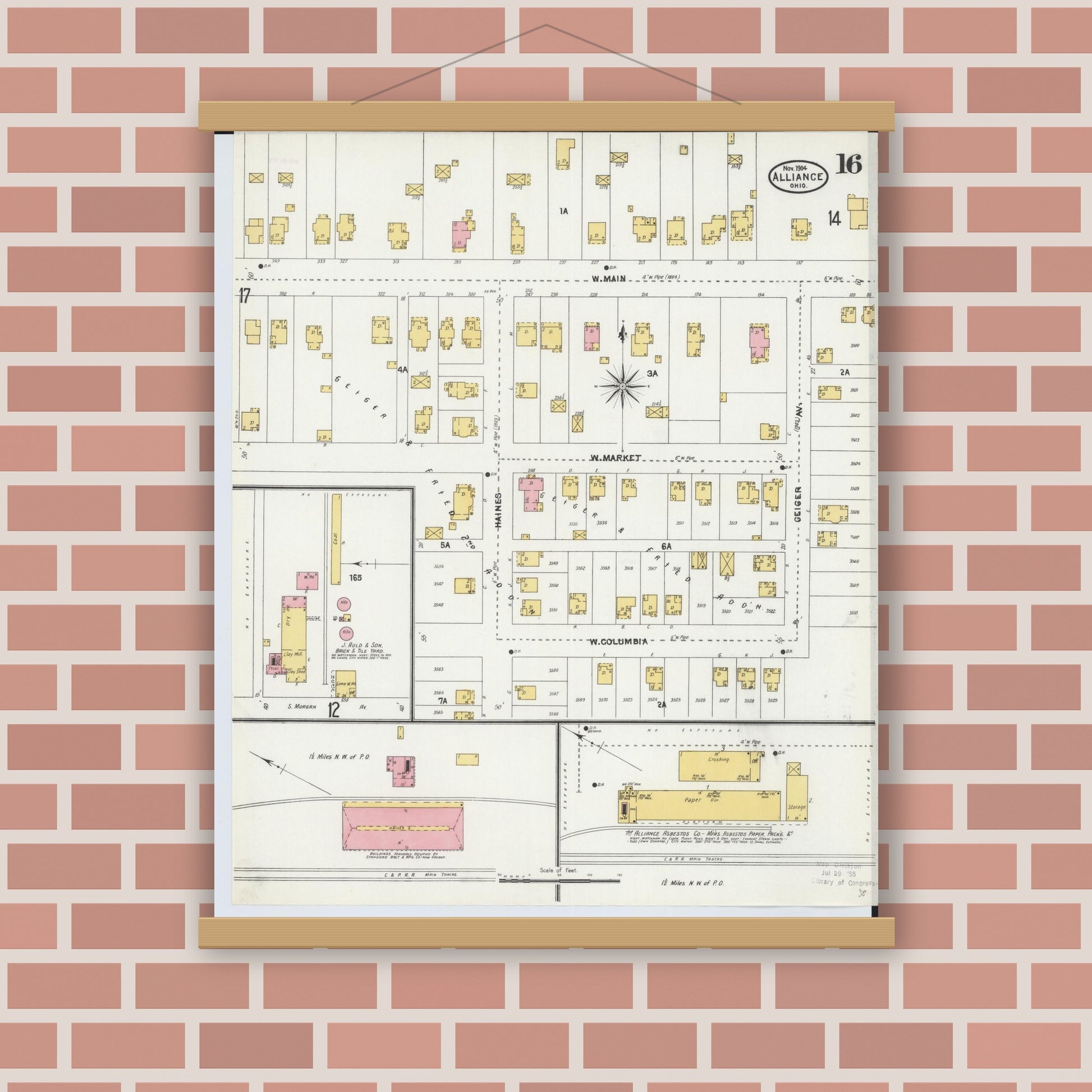 Old map wall art mockup — magnetic wood frame on brick wall — Sanborn Fire Insurance Map from Alliance, Stark County, Ohio (1904), Sheet #0016
