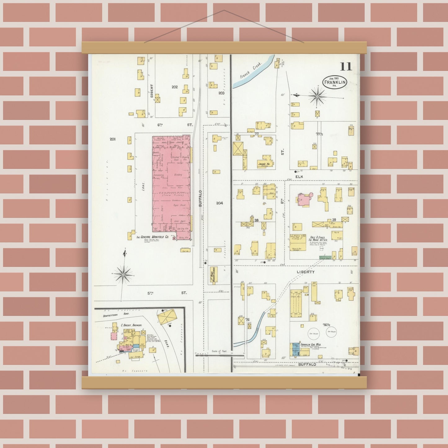 Old map wall art mockup — magnetic wood frame on brick wall — Sanborn Fire Insurance Map from Franklin, Venango County, Pennsylvania (1901), Sheet #0011