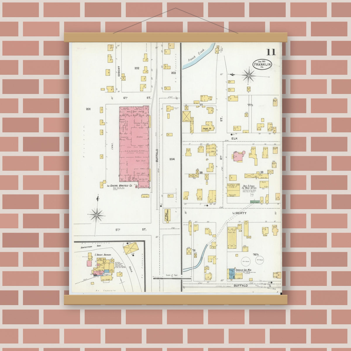 Old map wall art mockup — magnetic wood frame on brick wall — Sanborn Fire Insurance Map from Franklin, Venango County, Pennsylvania (1901), Sheet #0011