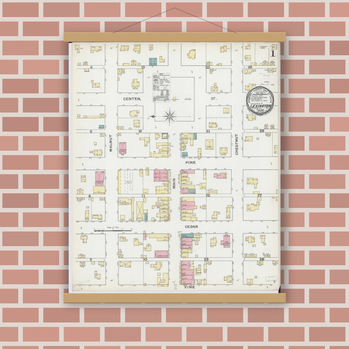 Old map wall art mockup — magnetic wood frame on brick wall — Sanborn Fire Insurance Map from Lexington, McLean County, Illinois (1892), Sheet #0001