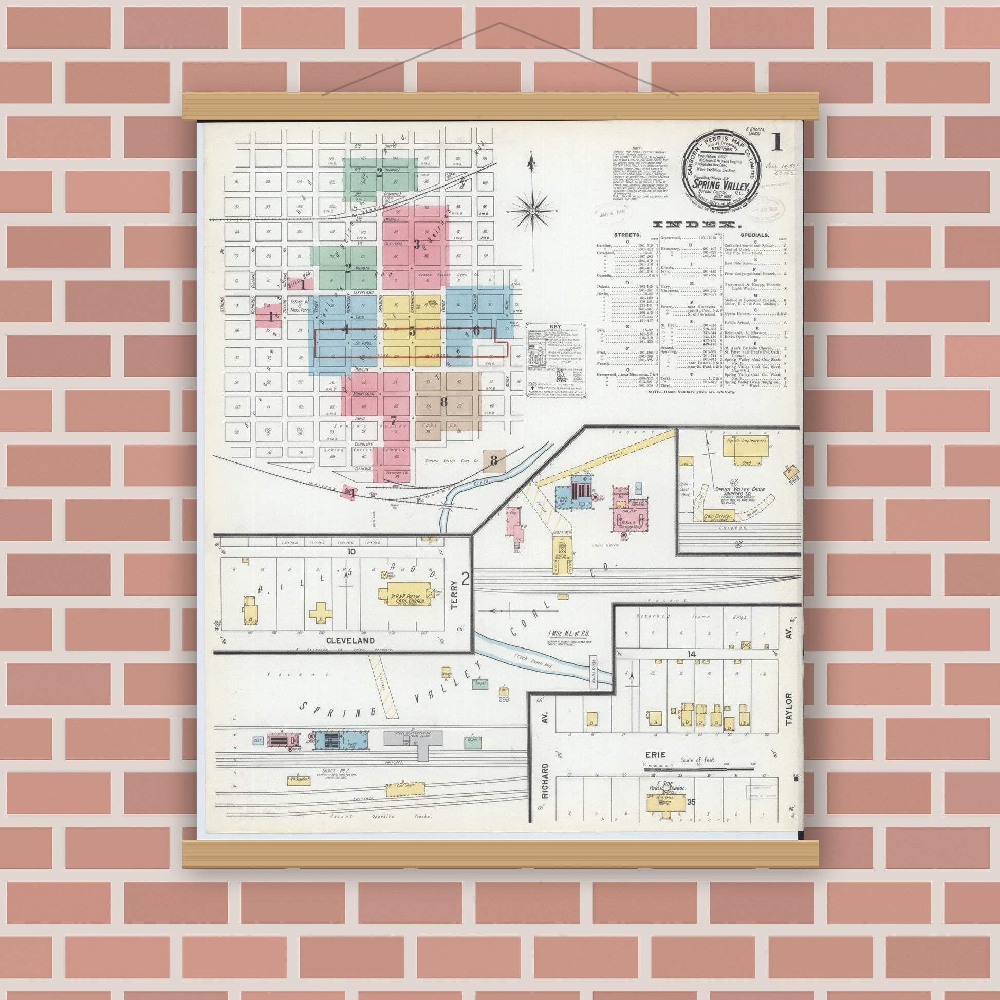 Old map wall art mockup — magnetic wood frame on brick wall — Sanborn Fire Insurance Map from Spring Valley, Bureau County, Illinois (1899), Sheet #0001