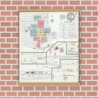 Old map wall art mockup — magnetic wood frame on brick wall — Sanborn Fire Insurance Map from Spring Valley, Bureau County, Illinois (1899), Sheet #0001