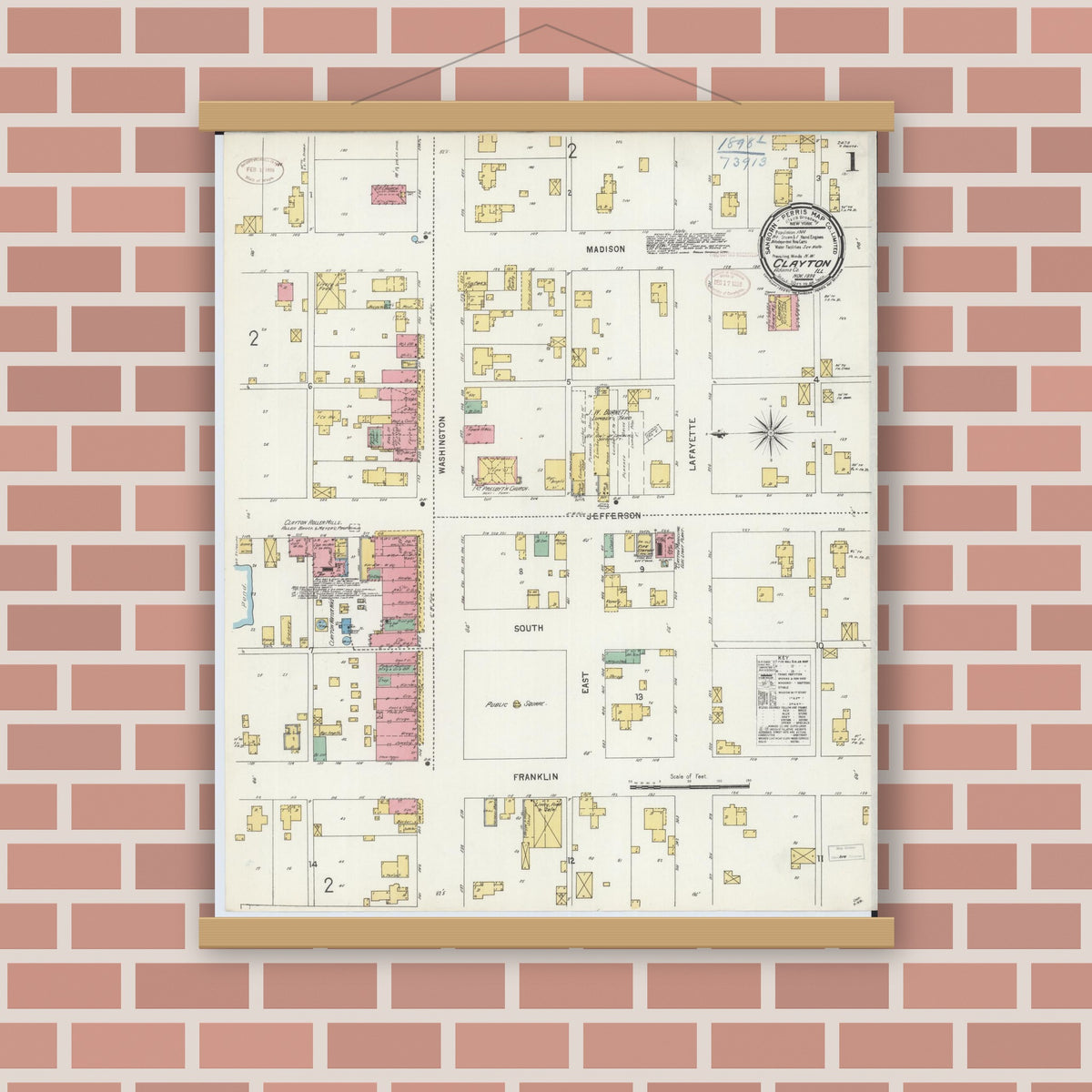 Old map wall art mockup — magnetic wood frame on brick wall — Sanborn Fire Insurance Map from Clayton, Adams County, Illinois (1898), Sheet #0001