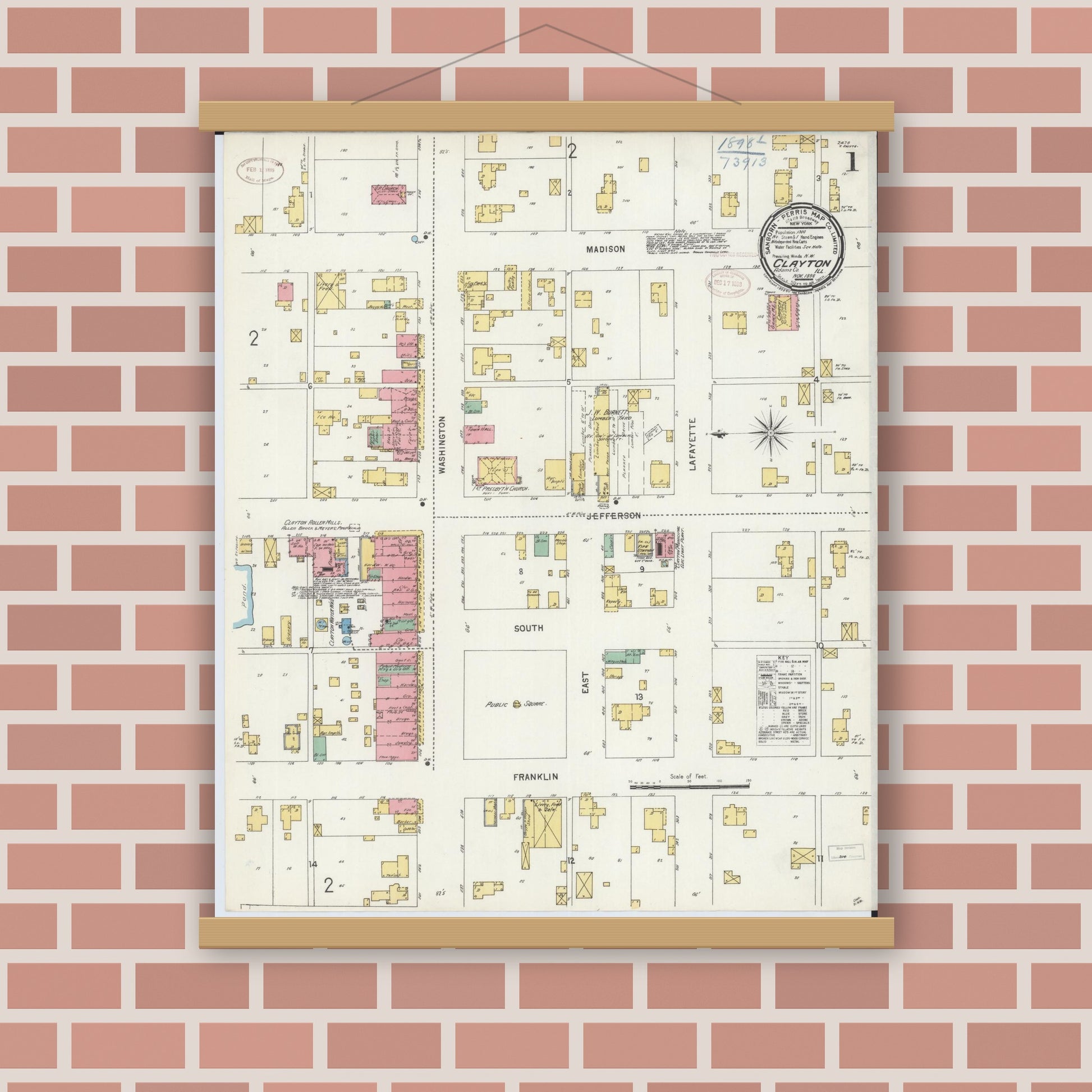 Old map wall art mockup — magnetic wood frame on brick wall — Sanborn Fire Insurance Map from Clayton, Adams County, Illinois (1898), Sheet #0001