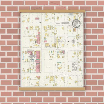 Old map wall art mockup — magnetic wood frame on brick wall — Sanborn Fire Insurance Map from Clayton, Adams County, Illinois (1898), Sheet #0001