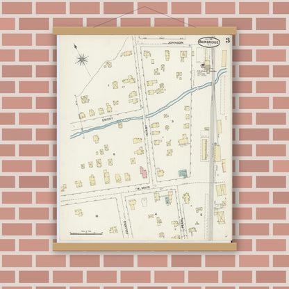 Old map wall art mockup — magnetic wood frame on brick wall — Sanborn Fire Insurance Map from Bainbridge, Chenango County, New York (1891), Sheet #0003