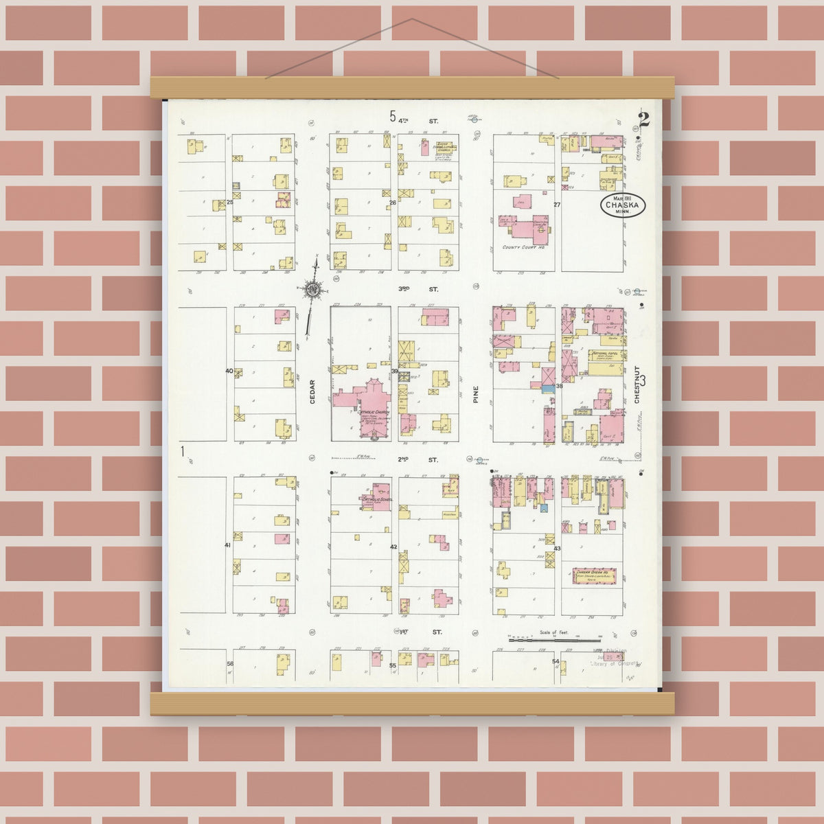 Old map wall art mockup — magnetic wood frame on brick wall — Sanborn Fire Insurance Map from Chaska, Carver County, Minnesota (1911), Sheet #0002